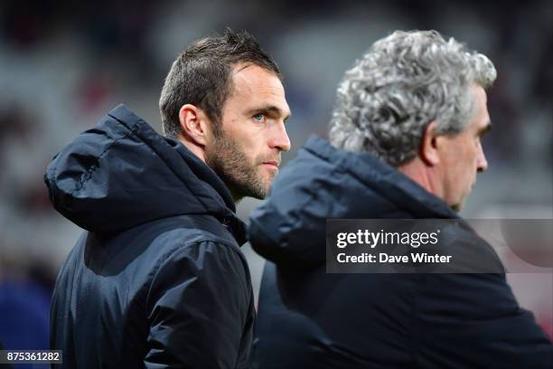 St Etienne temporary coach Julien Sable and St Etienne sporting director Dominique Rocheteau during the Ligue 1 match between Lille OSC and AS...