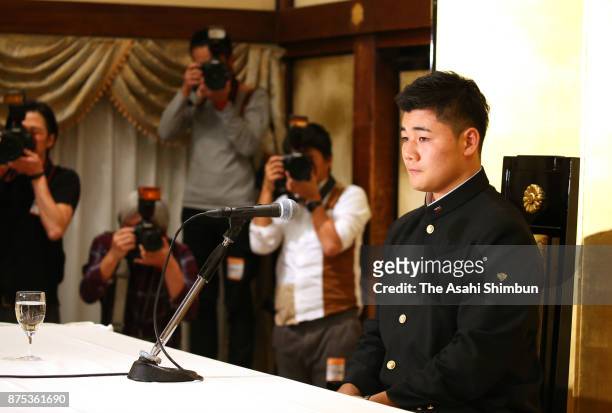 Kotaro Kiyomiya of Waseda Jitsugyo speaks during a press conference after agreeing to join the Hokkaido Nippon Ham Fighters at Meiji Kinenkan on...