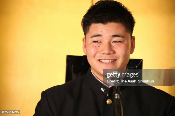 Kotaro Kiyomiya of Waseda Jitsugyo speaks during a press conference after agreeing to join the Hokkaido Nippon Ham Fighters at Meiji Kinenkan on...