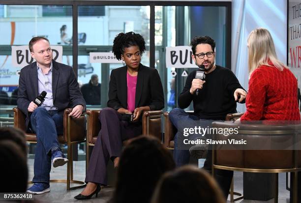 Alex Mandell, Ashley Bryant and JJ Abrams visit Build to discuss "The Play That Goes Wrong" at Build Studio on November 17, 2017 in New York City.