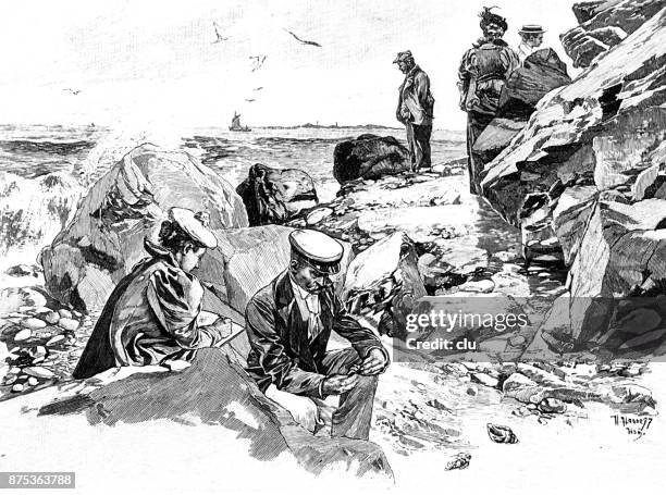 beach promenade between crashed rock faces in helgoland - cliff face stock illustrations