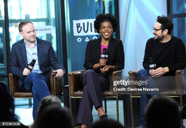 Alex Mandell, Ashley Bryant and JJ Abrams visit Build Series to discuss 'The Play That Goes Wrong' at Build Studio on November 17, 2017 in New York...