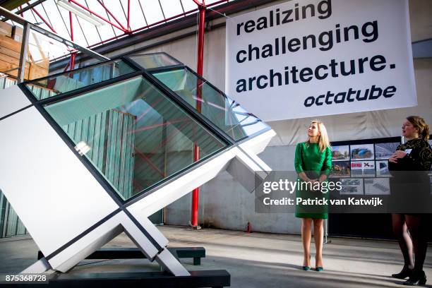 Queen Maxima of The Netherlands visits family company Octatube on the day of the entrepreneur on November 17, 2017 in Delft, Netherlands. Octatube is...