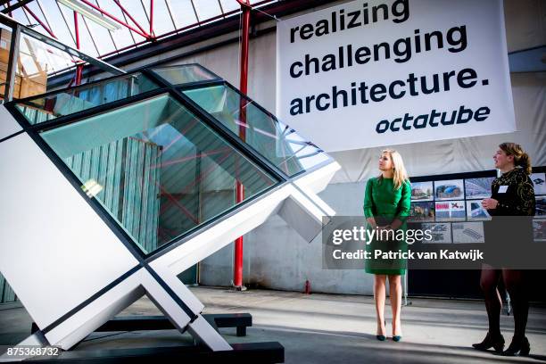 Queen Maxima of The Netherlands visits family company Octatube on the day of the entrepreneur on November 17, 2017 in Delft, Netherlands. Octatube is...