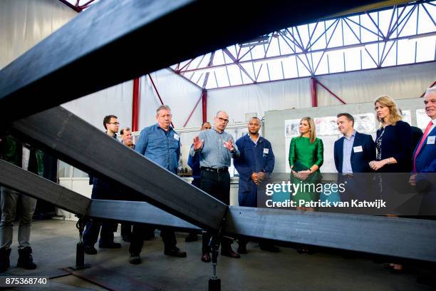 Queen Maxima of The Netherlands visits family company Octatube on the day of the entrepreneur on November 17, 2017 in Delft, Netherlands. Octatube is...