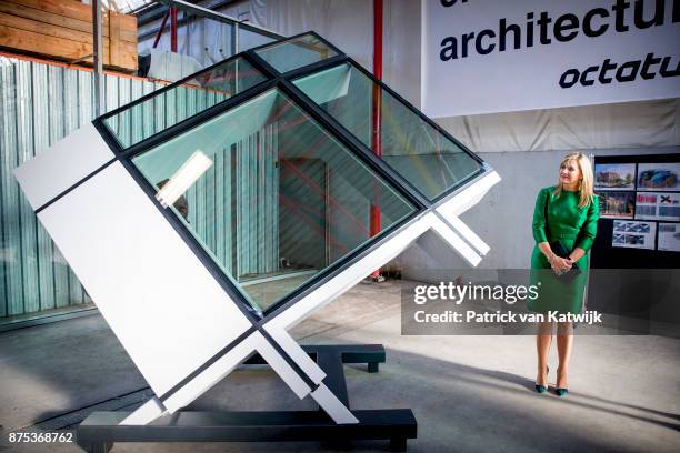 Queen Maxima of The Netherlands visits family company Octatube on the day of the entrepreneur on November 17, 2017 in Delft, Netherlands. Octatube is...