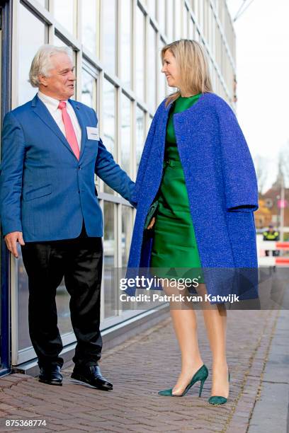 Queen Maxima of The Netherlands visits family company Octatube on the day of the entrepreneur on November 17, 2017 in Delft, Netherlands. Octatube is...