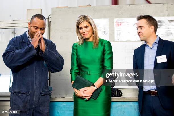Queen Maxima of The Netherlands visits family company Octatube on the day of the entrepreneur on November 17, 2017 in Delft, Netherlands. Octatube is...