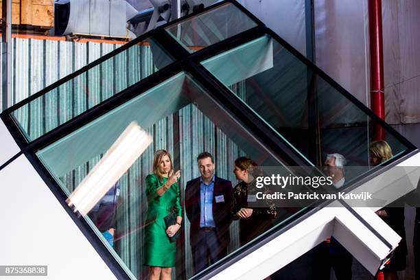 Queen Maxima of The Netherlands visits family company Octatube on the day of the entrepreneur on November 17, 2017 in Delft, Netherlands. Octatube is...