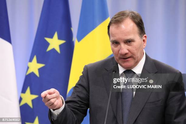 Sweden's Prime Minister Stefan Lofven addresses a press conference at the Volvo Campus Lundby of the Swedish carmaker on the sidelines of the...