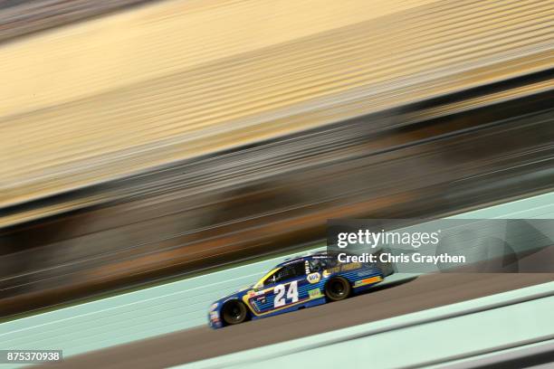 Chase Elliott, driver of the NAPA Chevrolet, practices for the Monster Energy NASCAR Cup Series Championship Ford EcoBoost 400 at Homestead-Miami...