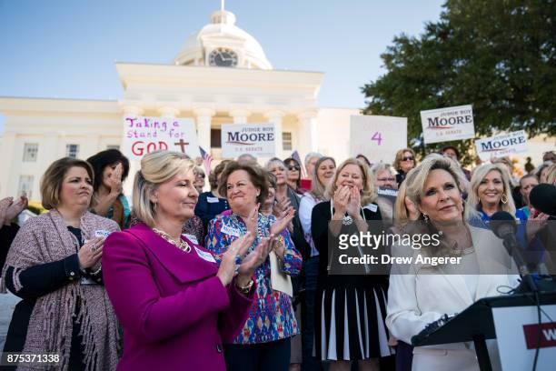 Kayla Moore, wife of Roy Moore, speaks during a 'Women For Moore' rally in support of Republican candidate for U.S. Senate Judge Roy Moore, in front...