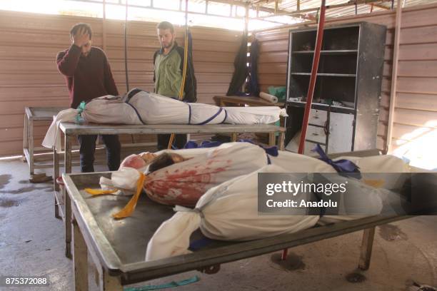 Dead bodies are seen after Assad regime's warcrafts carry out intensifying airstrikes over residential areas of Arbin town of the Eastern Ghouta...