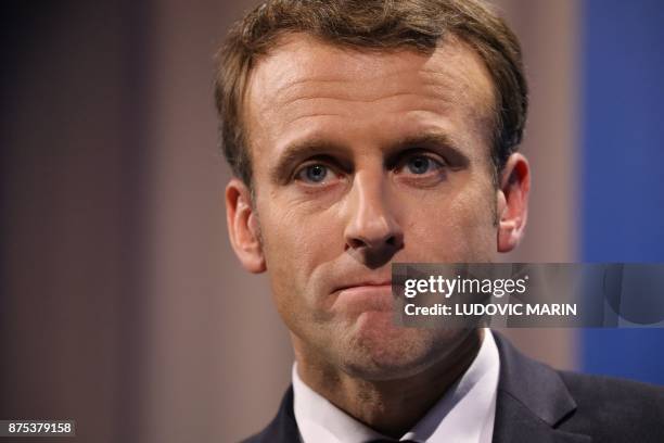 France's President Emmanuel Macron addresses a press conference at the European Social Summit in Gothenburg, Sweden, on November 17, 2017.