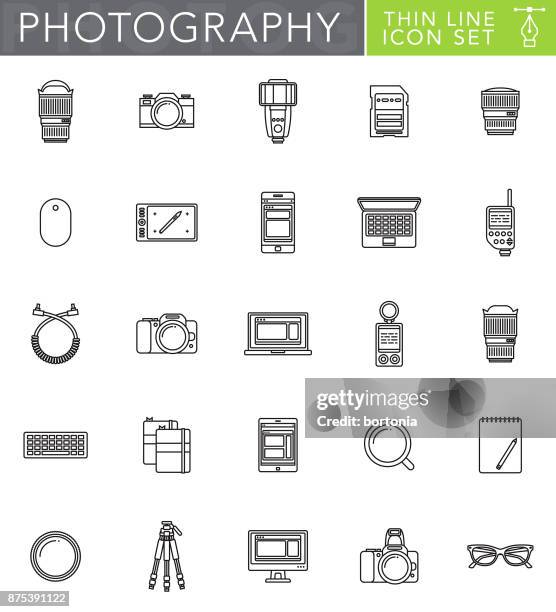 photography thin line icon set in flat design style - phone tripod icon stock illustrations