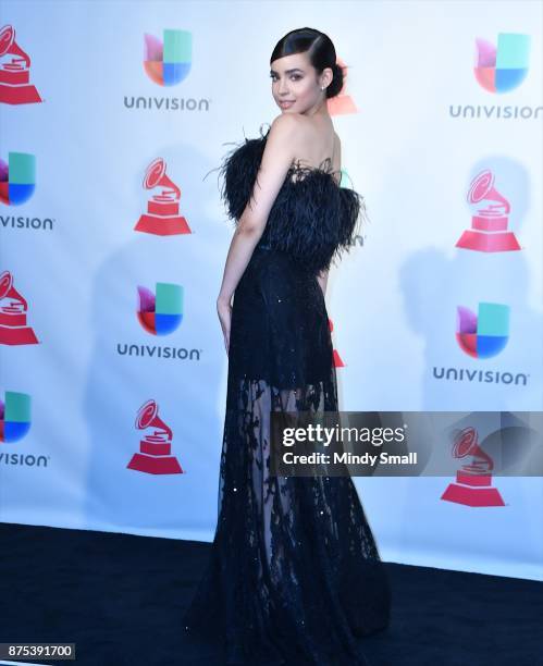 Sofia Carson poses in the press room during The 18th Annual Latin Grammy Awards at MGM Grand Garden Arena on November 16, 2017 in Las Vegas, Nevada.