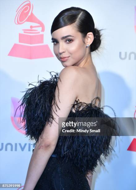 Sofia Carson poses in the press room during The 18th Annual Latin Grammy Awards at MGM Grand Garden Arena on November 16, 2017 in Las Vegas, Nevada.