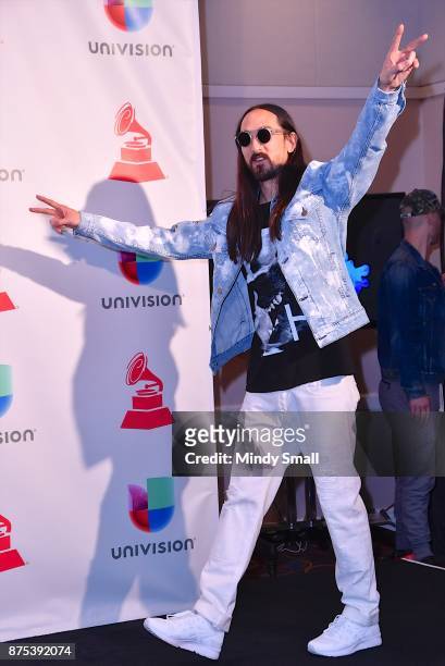 Steve Aoki poses in the press room during The 18th Annual Latin Grammy Awards at MGM Grand Garden Arena on November 16, 2017 in Las Vegas, Nevada.