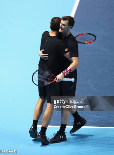 Jamie Murray of Great Britain and Bruno Soares of Brazil celebrate victory in the Doubles match against Lukasz Kubot of Poland and Marcelo Melo of...