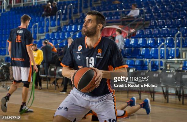 Fernando San Emeterio, #19 of Valencia Basketwarm up prior the 2017/2018 Turkish Airlines EuroLeague Regular Season Round 8 game between FC Barcelona...
