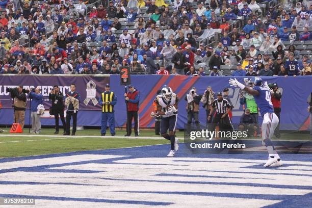 Wide Receiver Robert Woods of the Los Angeles Rams catches a touchdown pass against the New York Giants at MetLife Stadium on November 5, 2017 in...