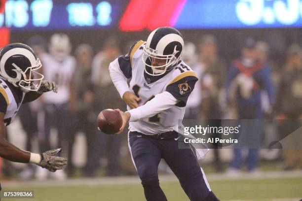 Quarterback Sean Mannion of the Los Angeles Rams in action against the New York Giants at MetLife Stadium on November 5, 2017 in East Rutherford, New...