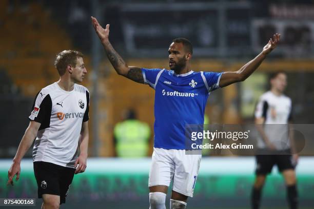 Terrence Boyd of Darmstadt reacts during the Second Bundesliga match between SV Darmstadt 98 and SV Sandhausen at Jonathan-Heimes-Stadion am...