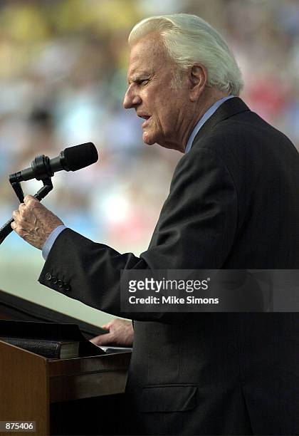 The Reverend Billy Graham preaches June 29, 2002 in Cincinnati, Ohio. Graham was holding the third night of his mission at Paul Brown Stadium.