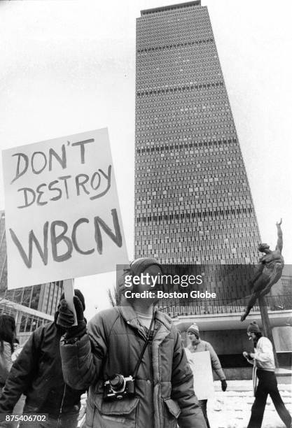 People protest firings by new management outside the WBCN office in Boston, Feb. 19, 1979.