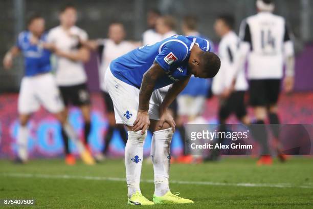 Terrence Boyd of Darmstadt reacts after the Second Bundesliga match between SV Darmstadt 98 and SV Sandhausen at Jonathan-Heimes-Stadion am...