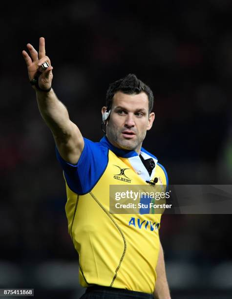 Match referee Karl Dickson in action during his first Premiership match in charge during the Aviva Premiership match between Gloucester Rugby and...