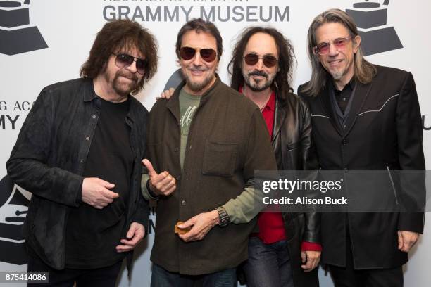 Musician Jeff Lynne of ELO, drummer Jim Keltner, guitarist Mike Campbell and Grammy Museum executive director Scott Goldman attend Reel to Reel: Jeff...