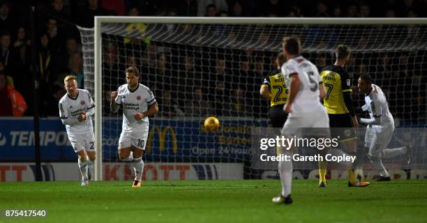 Billy Sharp of Sheffield United celebrates scoring the opening goal during the Sky Bet Championship match between Burton Albion and Sheffield United...