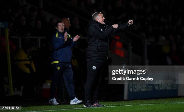 Sheffield United celebrates manager Chris Wilderduring the Sky Bet Championship match between Burton Albion and Sheffield United at Pirelli Stadium...