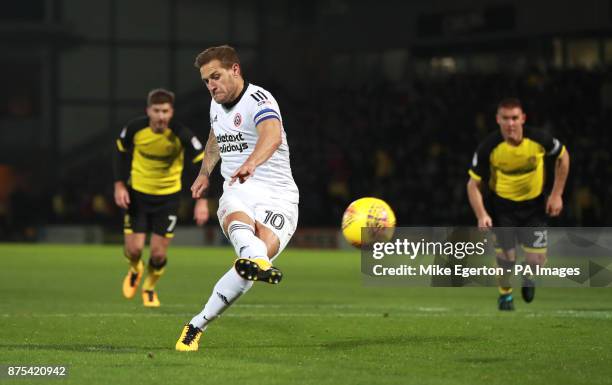 Sheffield United's Billy Sharp scores the first goal from the penalty spot during the Sky Bet Championship match at The Pirelli Stadium, Burton.