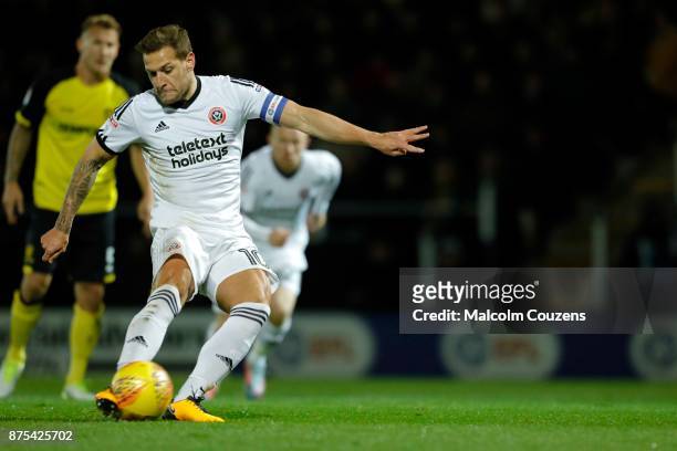Billy Sharp of Sheffield United opens the scoring from the penalty spot during the Sky Bet Championship match between Burton Albion and Sheffield...
