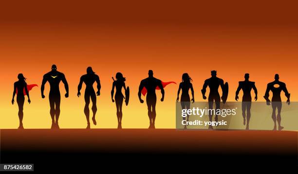 vector superheroes team walking silhouette illustration - warrior stock illustrations stock illustrations
