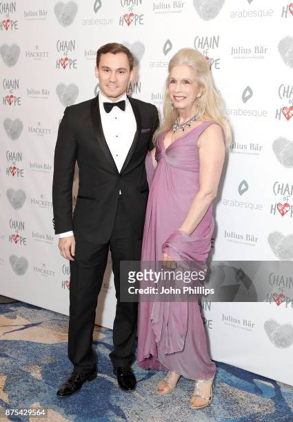 Georgia Arianna, Lady Colin Campbell and son Dima Ziadie arriving at the Chain Of Hope Gala Ball held at Grosvenor House, on November 17, 2017 in...