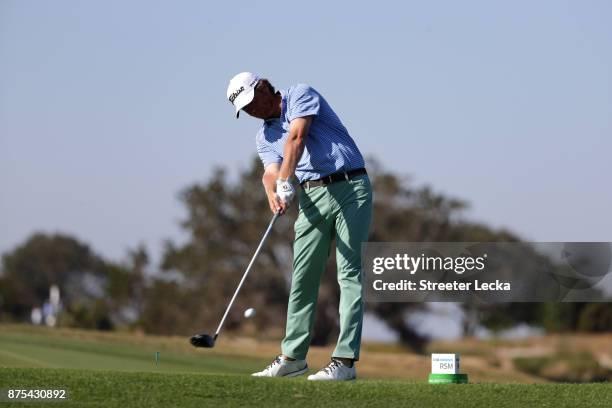 Derek Fathauer of the United States plays his tee shot on the 16th hole during the first round of The RSM Classic at Sea Island Golf Club Seaside...