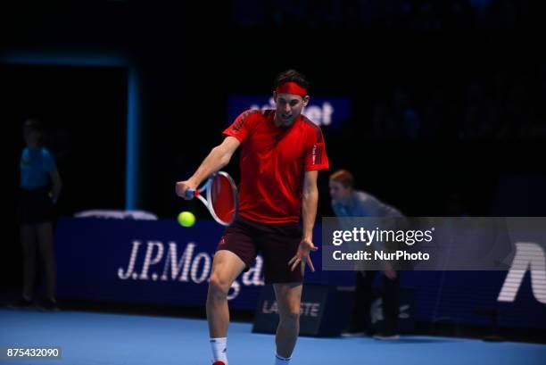 Austria's Dominic Thiem returns to Belgium's David Goffin during a men's singles round-robin match on day six of the ATP World Tour Finals tennis...