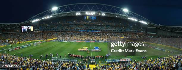 General view is seen of the stadium as the teams line up for the anthems before the 2018 FIFA World Cup Qualifiers Leg 2 match between the Australian...
