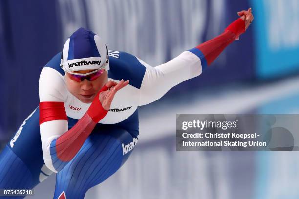 Olga Fatkulina of Russia competes in the first ladies 500m Division A race during Day 1 of the ISU World Cup Speed Skating at Soermarka Arena on...