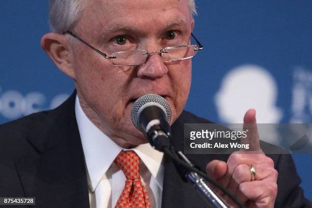 Attorney General Jeff Sessions speaks during an event November 17, 2017 in Washington, DC. Sessions addressed The Federalist Society's 2017 National...