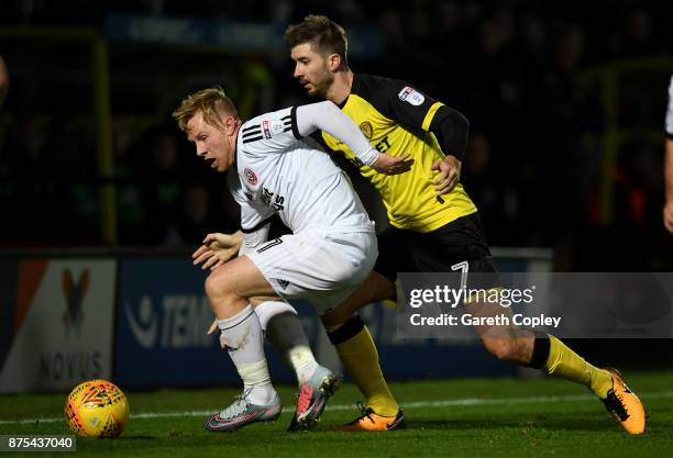 Mark Duffy of Sheffield Utd is tackled by Luke Murphy of Burton during the Sky Bet Championship match between Burton Albion and Sheffield United at...