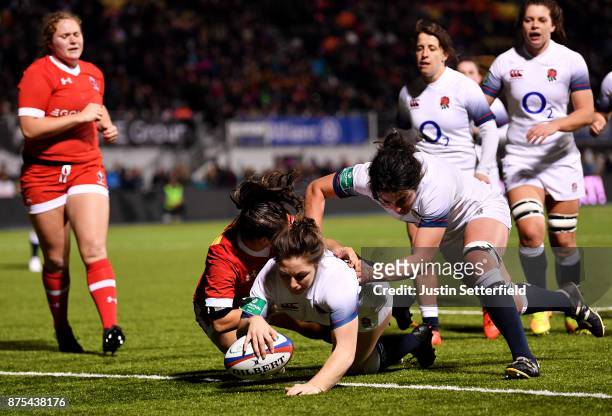 Amy Cokayne of England scores a try during the Old Mutual Wealth Series between England Women and Canada Women at Allianz Park on November 17, 2017...