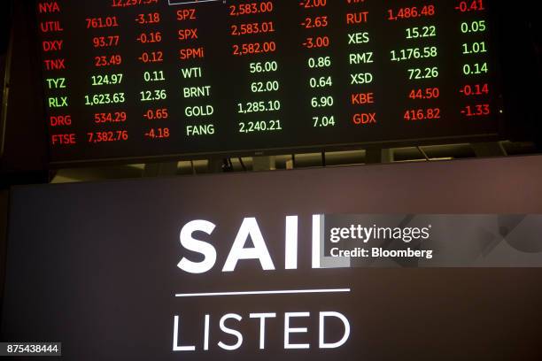 Monitor displays Sailpoint Technologies Holdings Inc. Signage during the company's initial public offering on the floor of the New York Stock...