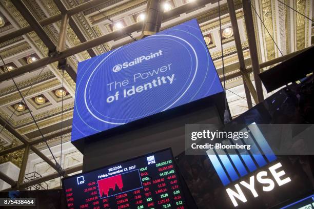 Monitor displays Sailpoint Technologies Holdings Inc. Signage during the company's initial public offering on the floor of the New York Stock...