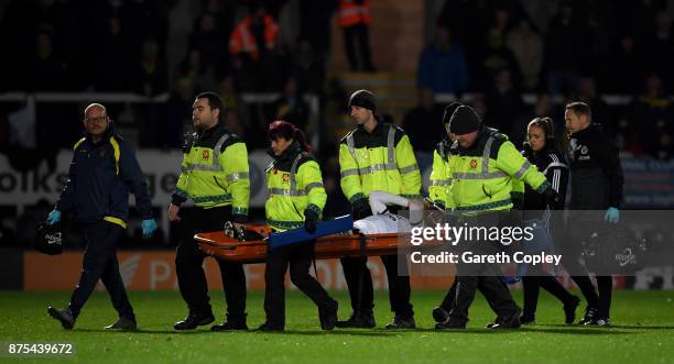 Paul Coutts of Sheffield Utd is carried from the field after picking up an injury during the Sky Bet Championship match between Burton Albion and...