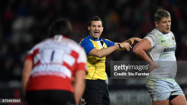 Match referee Karl Dickson in action during his first Premiership match in charge during the Aviva Premiership match between Gloucester Rugby and...