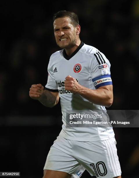 Sheffield United's Billy Sharp celebrates scoring the second goal during the Sky Bet Championship match at The Pirelli Stadium, Burton.